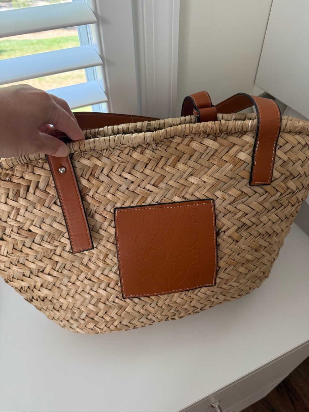 Natural Woven Straw Tote with Tan Trim